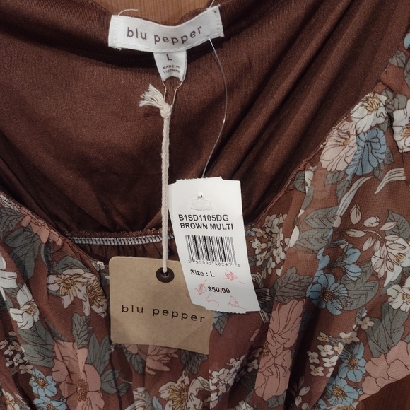NWT blu pepper brown floral dress size L - Picture 7 of 7